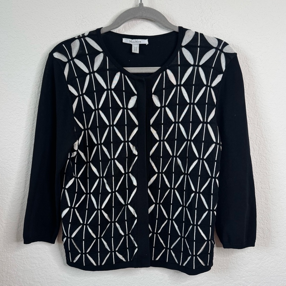 MaxMara‎ Women’s L Black White Geometric Pattern Cardigan 3/4 Sleeve Old Money